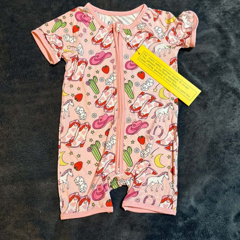 Weiwei Baby Romper Size 6-12M Pink Cowboy Boot Print Zippy Shortie